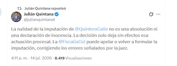 El abogado Julián Quintana explicó que la nulidad de la imputación de Daniel Quintero puede ser apelada - crédito @julianquintanat/X