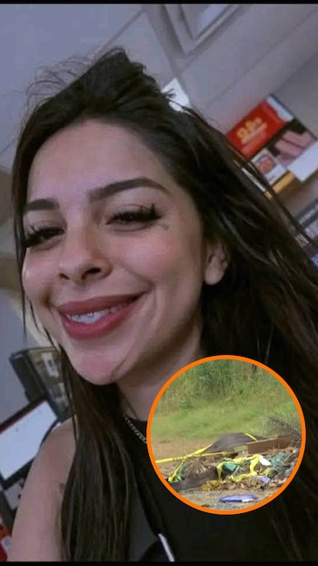 Primer plano de una mujer sonriente de cabello oscuro; recuadro con desechos, vegetación y cinta amarilla en el suelo