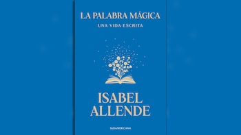 Cubierta del libro "La palabra mágica: Una vida escrita" de Isabel Allende, con un diseño artístico de un libro abierto con flores y puntos sobre un fondo azul