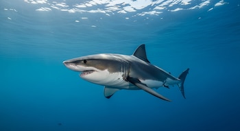 Un tiburón blanco juvenil de unos 8 pies de longitud nada en aguas azules y claras con la luz del sol brillando desde la superficie.