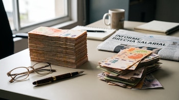 Pilas de billetes de mil pesos argentinos, gafas, una pluma y un periódico titulado Informe: brecha salarial sobre un escritorio.