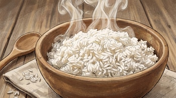 Ilustración de un cuenco de madera con arroz blanco humeante. Una cuchara y granos de arroz sobre una servilleta en una mesa de madera.