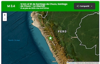 Mapa de Perú con el Océano Pacífico, indicando un sismo M 3.4 con una estrella verde de epicentro cerca de Santiago de Chuco, La Libertad, con texto informativo