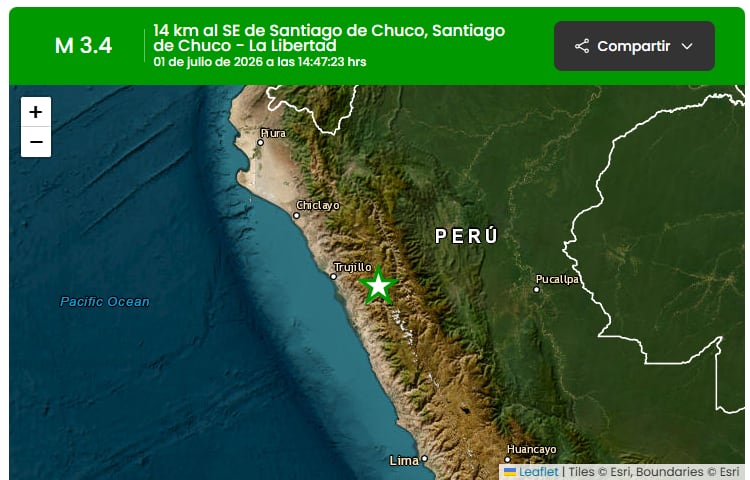Un mapa del Instituto Geofísico del Perú (IGP) muestra el epicentro de un sismo de magnitud 3.4 ocurrido el 1 de julio de 2026 al sureste de Santiago de Chuco, La Libertad. (IGP)