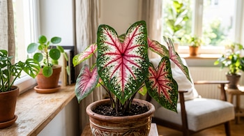 Planta de Caladium bicolor en maceta de barro con hojas verdes, blancas y rosas, junto a una ventana y un sillón en una sala.