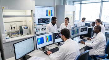 Seis científicos con batas blancas y gafas de seguridad en un laboratorio. Varios monitores muestran gráficos de datos y estructuras moleculares.