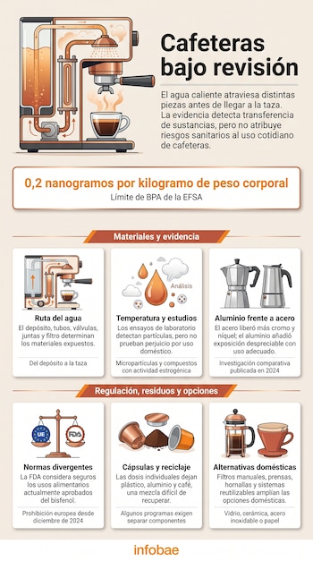 Infografía con el corte de una cafetera, cifras y seis tarjetas con ilustraciones de cafeteras italianas, cápsulas de café y una balanza.