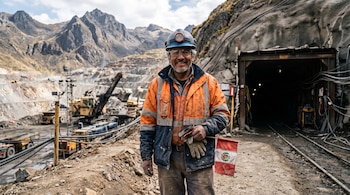 Un hombre con casco y ropa de seguridad sostiene una pequeña bandera de Perú cerca de la entrada de un túnel minero en la montaña.