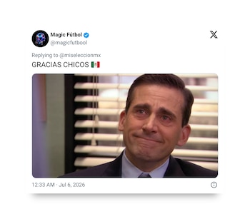 Publicación de redes sociales con usuario Magic Fútbol, texto "GRACIAS CHICOS" y bandera de México. Muestra a un hombre en traje con expresión emotiva