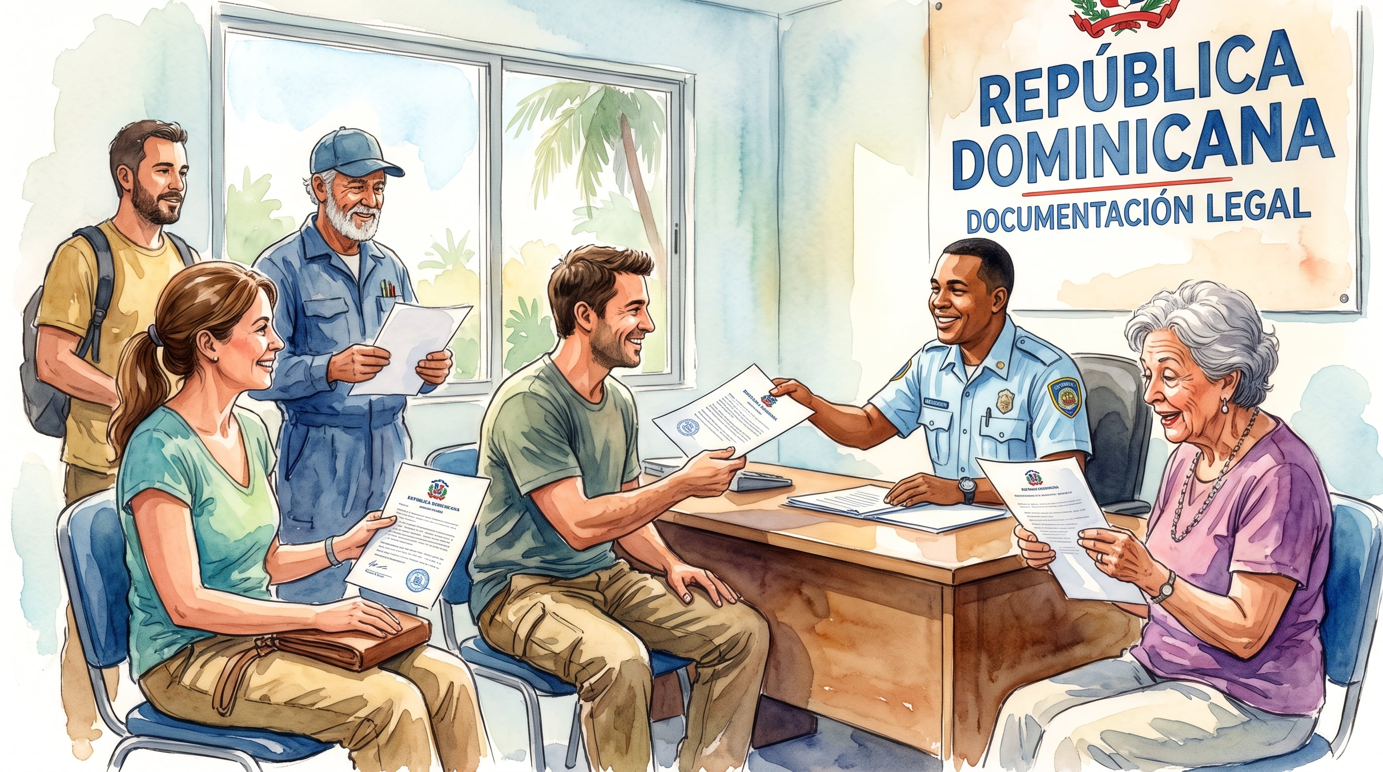 Un funcionario gubernamental entrega documentos de regularización a un grupo de personas en una oficina de República Dominicana. (Imagen Ilustrativa Infobae)