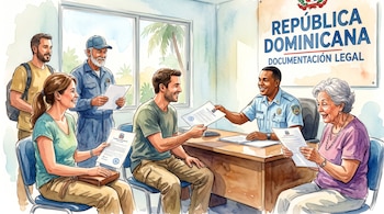 Ilustración en acuarela de un oficial uniformado que entrega papeles a un grupo de personas frente a un cartel de República Dominicana.