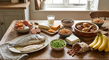 Una mesa de madera rústica con un festín de alimentos: pescado entero, filetes de pescado, huevos, leche, quesos, lentejas, garbanzos, pollo, soja, almendras, plátanos.