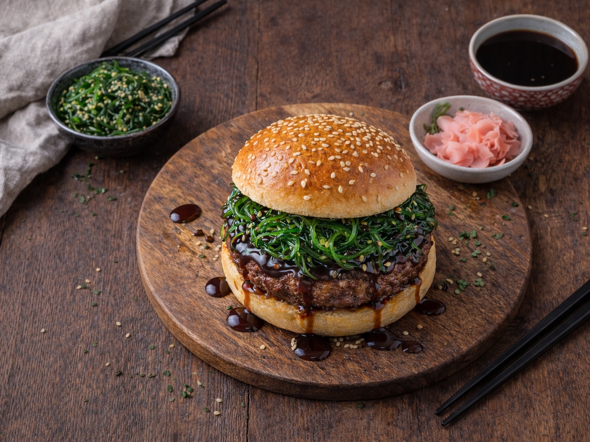 Hamburguesa al estilo japonés con wakame y salsa teriyaki