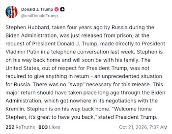El mensaje de Donald Trump en Truth Social sobre la liberación de Stephen Hubbard