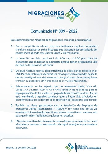 Comunicado Migraciones