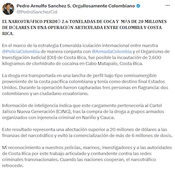 Pedro Sánchez resaltó la acción conjunta y el impacto económico para las redes criminales en un mensaje difundido en redes sociales. - crédito @PedroSanchezCol/X