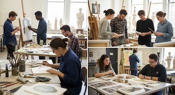 Múltiples escenas de un estudio de arte con estudiantes concentrados pintando en caballetes, dibujando en mesas y modelando arcilla. Equipamiento y esculturas visibles.