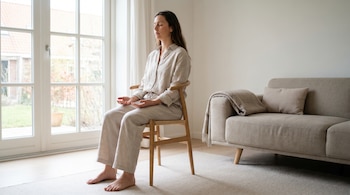 Mujer con ropa beige sentada descalza en una silla de madera, ojos cerrados y manos en regazo. Detrás, una ventana grande y un sofá claro.
