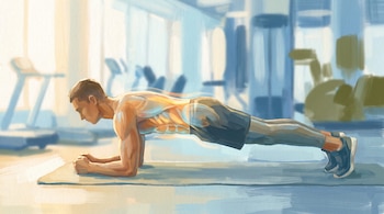 Ilustración de persona con contextura atlética realizando plancha abdominal sobre colchoneta en un gimnasio con musculatura del core resaltada