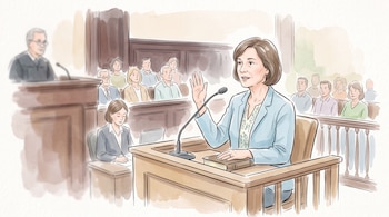 Ilustración de una mujer en el estrado de un tribunal con la mano derecha levantada frente a un micrófono y con la mano izquierda sobre un libro.