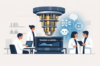Ilustración de cuatro científicos en batas de laboratorio alrededor de una computadora cuántica, con una pantalla que muestra 'TRAINING AI MODEL...' e iconos digitales de IA.