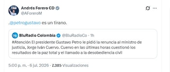 El congresista Andrés Forero calificó de “tirano” al presidente Gustavo Petro tras conocerse la salida de Jorge Iván Cuervo - crédito @AForeroM/X