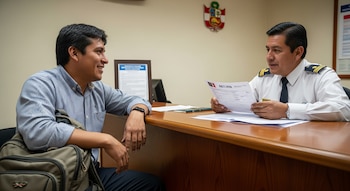 Dos hombres sentados frente a un escritorio de madera. Un hombre con camisa a cuadros y mochila, otro en uniforme revisa documentos. Escudo de armas de Perú en la pared.