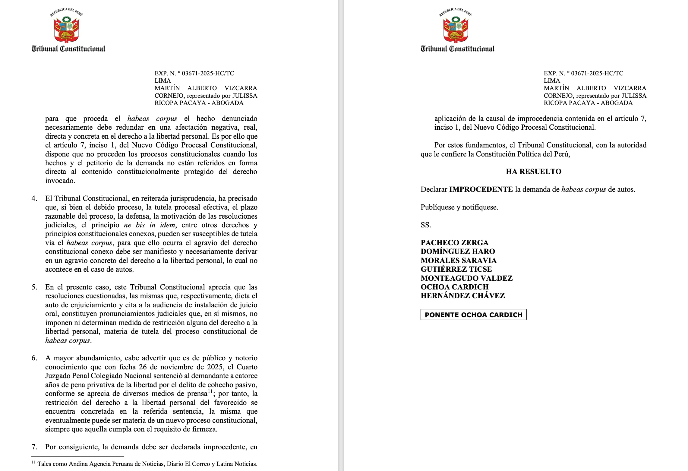 TC rechaza demanda de Martín Vizcarra