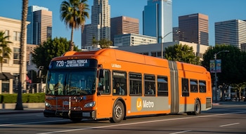 Un autobús articulado naranja de LA Metro circula por una calle con palmeras y rascacielos al fondo bajo un cielo azul despejado.