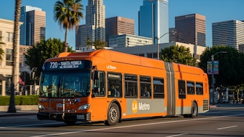 Bus articulado de LA Metro en ruta por el centro de Los Ángeles - VisualesIA ScribNews