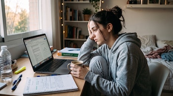 Una adolescente apoya la cabeza en la mano frente a una computadora portátil, un cuaderno de notas y una taza de café sobre el escritorio.