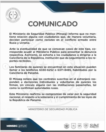 El Minseg sostuvo que los contratos para prestar servicio militar en el extranjero son decisiones individuales y voluntarias sin relación con instituciones panameñas. (Imagen de cortesía)