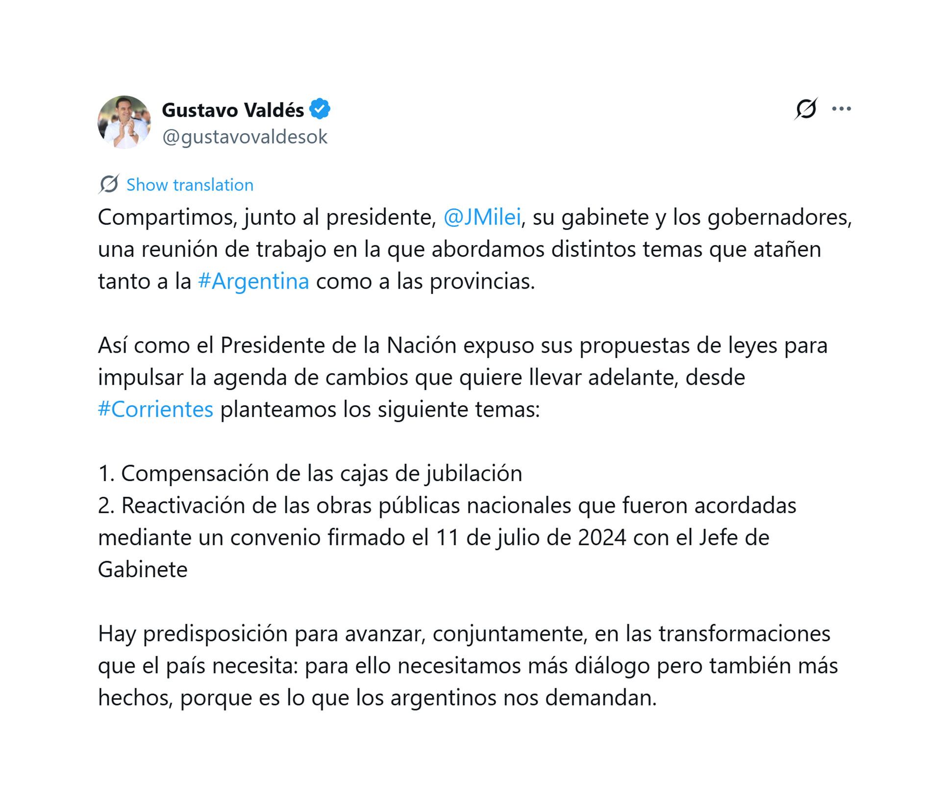 Gustavo Valdés reclamó compensaciones para las cajas de jubilación y la reactivación de obras públicas en Corrientes ante el Gobierno nacional