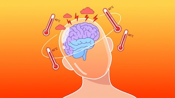 Ilustración de busto de una persona con cabeza transparente que muestra un cerebro, rodeada de cinco termómetros con 40°C y nubes con relámpagos.