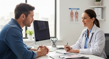 Un paciente y una doctora sentados frente a un escritorio blanco en una consulta médica, con la doctora escribiendo y el paciente escuchando en un consultorio luminoso.