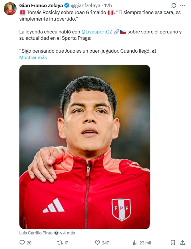 Joao Grimaldo busca volver al protagonismo en Sparta Praga. Crédito: Captura X Gian Franco Zelaya.