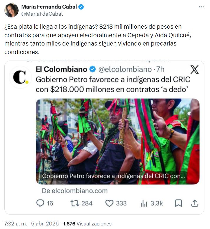 La senadora criticó los contratos a dedo que habría entregado el gobierno al CRIC por cerca de 218.000 millones de pesos - crédito @MariaFdaCabal/X