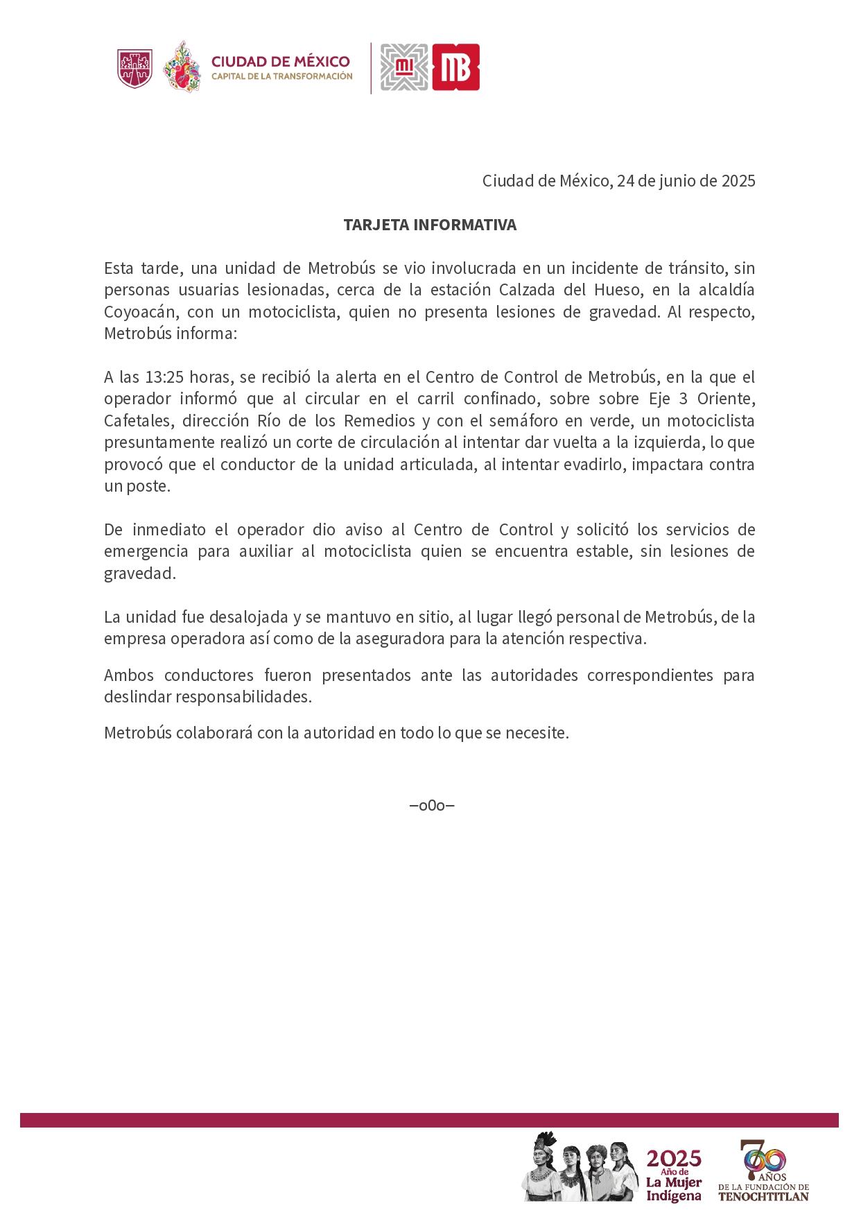 El Metrobús de CDMX emitió un comunicado oficial por el incidente en Calzada del Huego, Cafetales y Eje 3. Foto: X/@MetrobusCDMX.