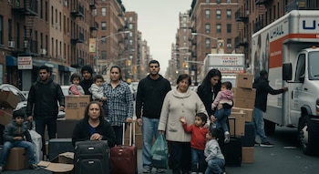 Grupo numeroso de personas, incluyendo niños y ancianos, con cajas de mudanza y maletas en una calle urbana de edificios de ladrillo y un camión U-Haul.