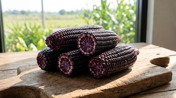 Cinco mazorcas de maíz morado, algunas partidas, apiladas sobre una tabla de madera rústica frente a un fondo borroso de vegetación.