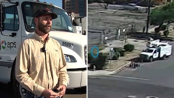James Van Der Beek con barba y gorra, frente a un camión blanco de APS. A la derecha, vista borrosa de una calle con una camioneta blanca
