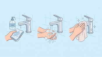 Tres paneles ilustran la limpieza de un grifo: botella de jabón y mano con paño húmedo; manos enjabonando bajo el chorro de agua; manos secando el grifo con paño.