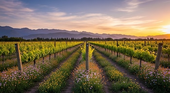 Un viñedo argentino al atardecer con filas de vides verdes y flores silvestres coloridas entre ellas. Montañas se elevan en el fondo bajo un cielo naranja y azul.