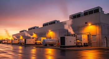 Edificio industrial, seis generadores de respaldo, tanques, tuberías. Humo saliendo de generadores. Asfalto mojado que refleja luces y atardecer.