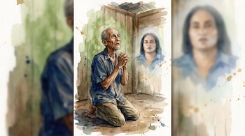 Ilustración estilo acuarela de un hombre arrodillado con manos entrelazadas en vivienda rústica, mirando arriba, y un rostro femenino difuminado a su derecha.