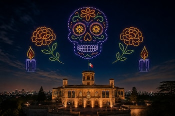 Drones luminosos forman una calavera, flores y velas sobre un castillo iluminado durante la noche, con la ciudad al fondo.