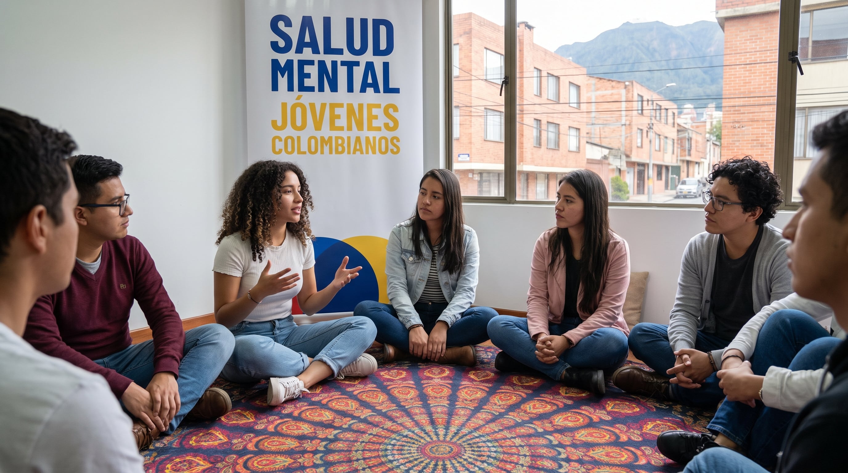 Un grupo de jóvenes colombianos participa en una sesión de diálogo y apoyo sobre salud mental, sentados en un círculo en un espacio interior con un cartel temático visible. (Imagen Ilustrativa Infobae)