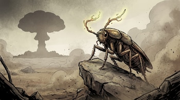 Ilustración de una cucaracha de pie sobre una roca con antenas luminosas, una explosión de hongo nuclear en el fondo y un paisaje árido con humo.