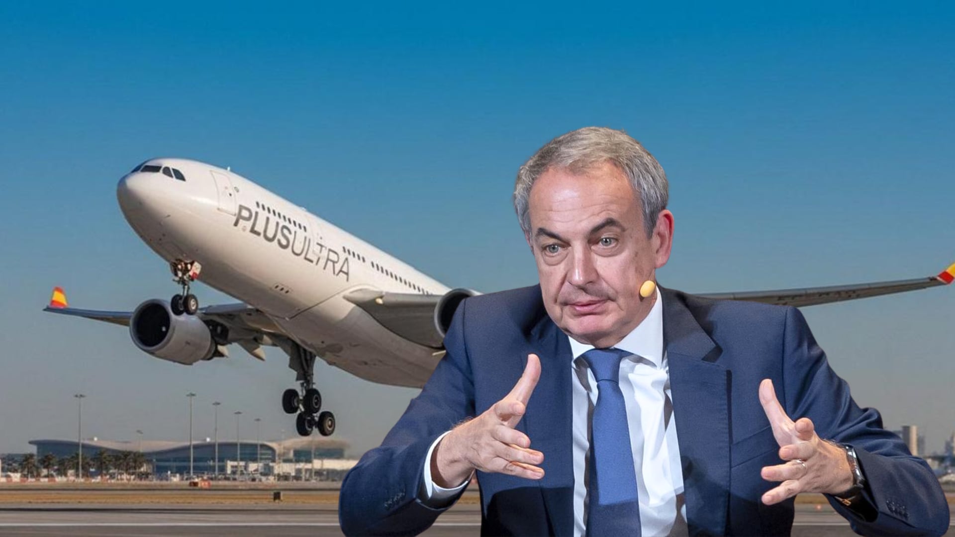 El expresidente del Gobierno, José Luis Rodríguez Zapatero, con un avión de la compañía Plus Ultra de fondo (Montaje Infobae)