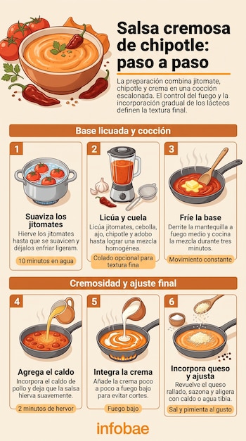 Infografía con seis viñetas ilustradas sobre los pasos para cocinar una salsa, un tazón servido al inicio y el logotipo de Infobae al pie.